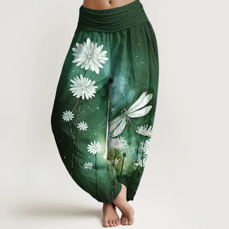 Buddha Stones Cotton Dreamy Daisy Dragonfly Pattern Women's Elastic Waist Harem Pants