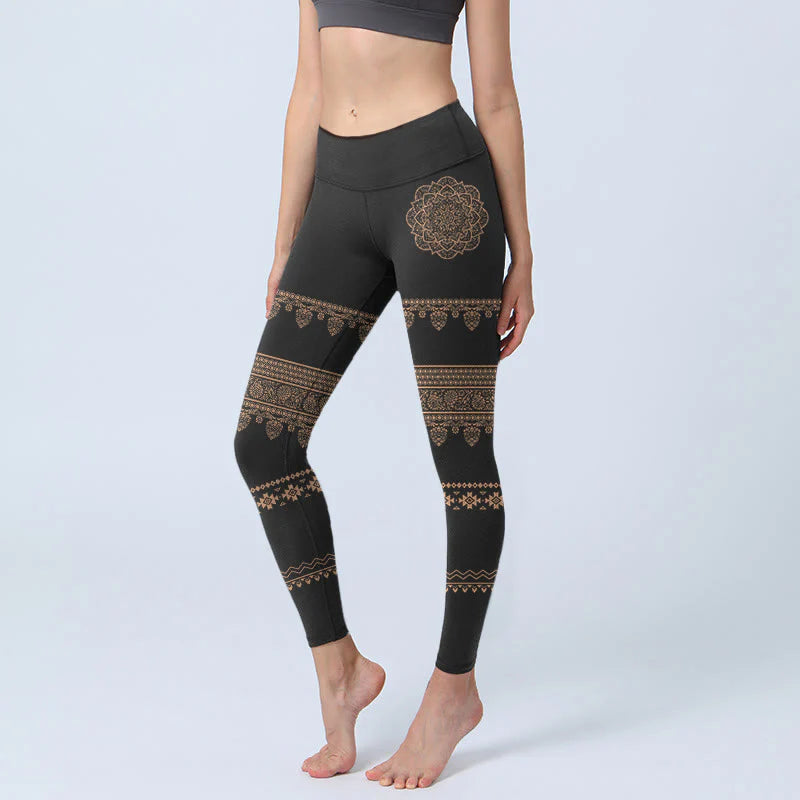 Buddha Stones Mandala Floral Leaf Pattern Gym Leggings Women's Yoga Pants