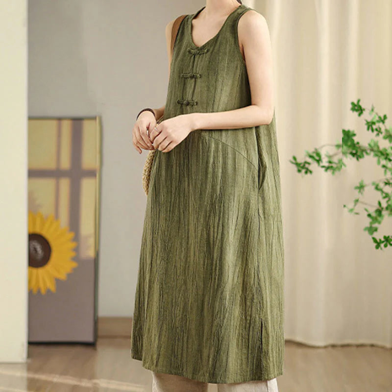 Buddha Stones Tie Dye Chinese Frog-Button RamieÂ Linen Sleeveless Midi Dress With Pockets