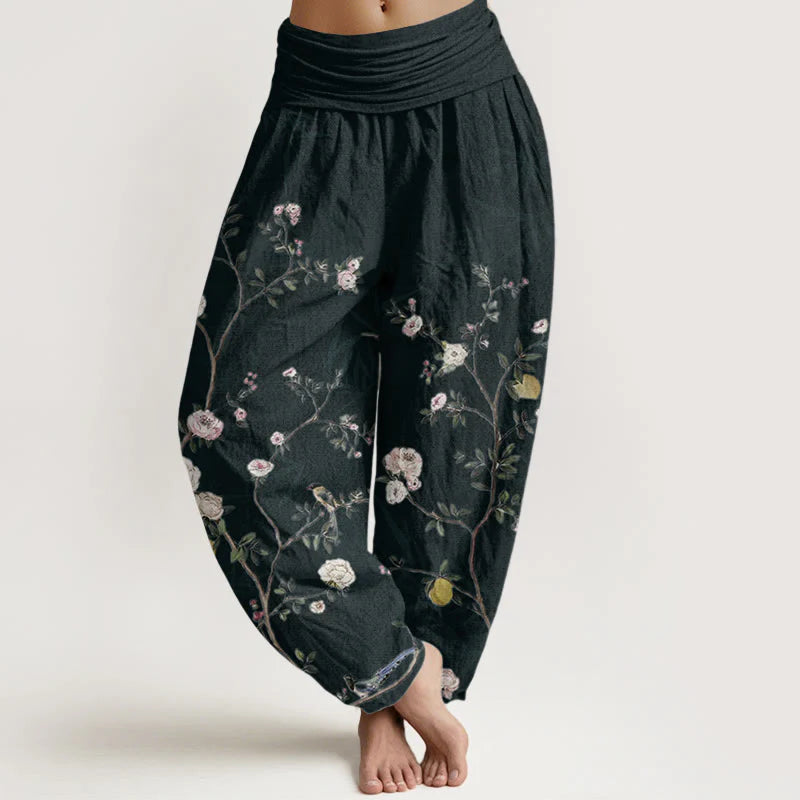 Buddha Stones Pure Cotton Pink White Flowers Bamboo Leaves Fruits Design Women's Elastic Waist Harem Pants