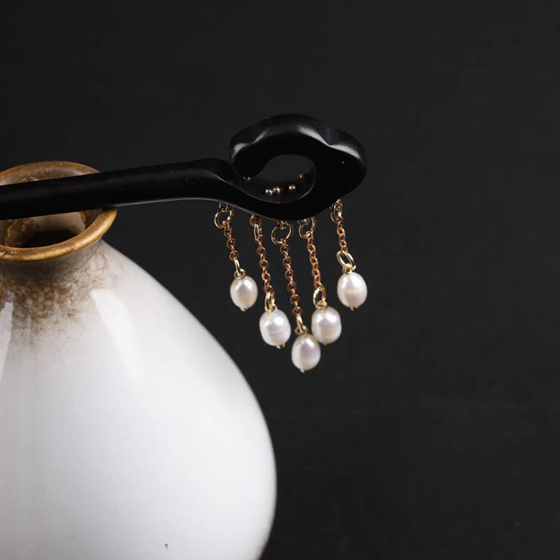 Buddha Stones Ebony Auspicious Cloud Pearl Tassel Protection Hairpin