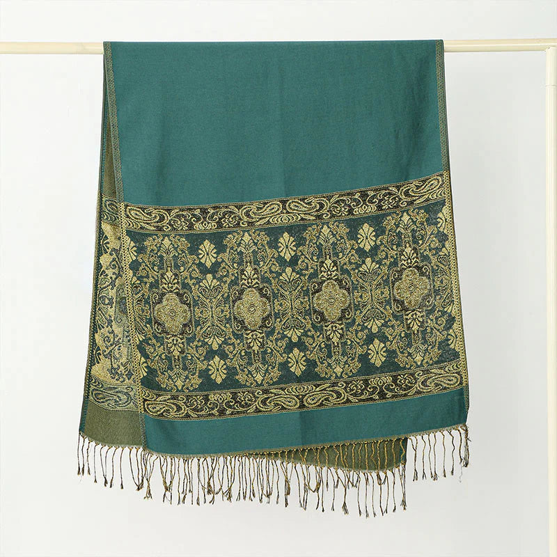 Buddha Stones Spring Golden Cashew Flower Geometric Pattern Tassel Cozy Scarf Shawl