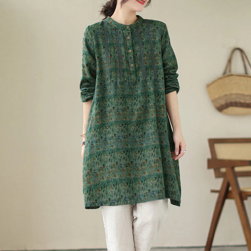 Buddha Stones Retro Printed Floral Women's Accordion Pleats Design Long Sleeve Shirt With Pockets