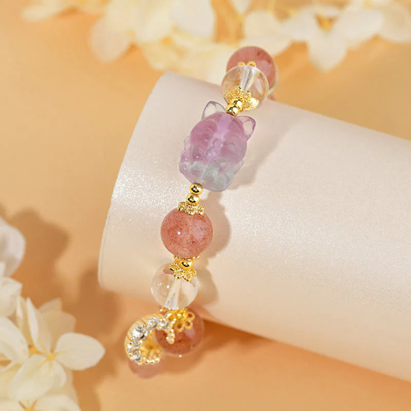 Buddha Stones Natural White Strawberry Quartz Crystal Healing Love Nine Tailed Fox  Moon Pendant Bracelet