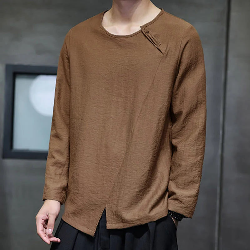 Buddha Stones Solid Color Loose Long Sleeve Round Neck Men's Shirts