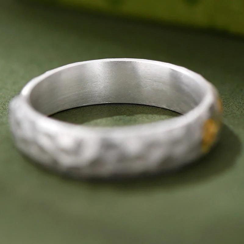 Buddha Stones Hammer Pattern Om Mani Padme Hum Copper Plated Silver Wealth Ring