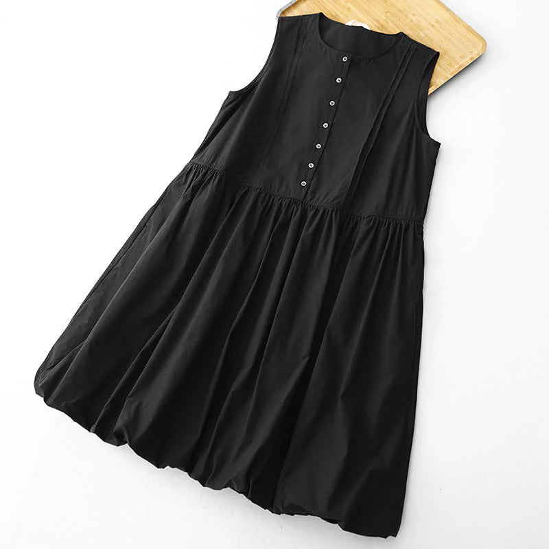Buddha Stones Summer Buttons Pleated Knee Length Women's Sleeveless Dress With Pockets