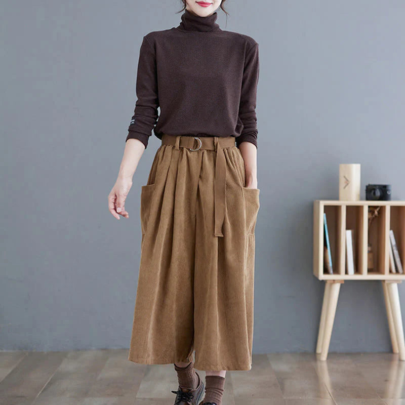 Buddha Stones Retro Women's Wide Leg 7-8 Length Corduroy Pants With Pockets Belt