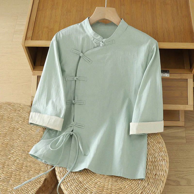 Buddha Stones Casual Vintage Chinese Frog-Button Lace-Up Patchwork Design Women's Cotton Shirt