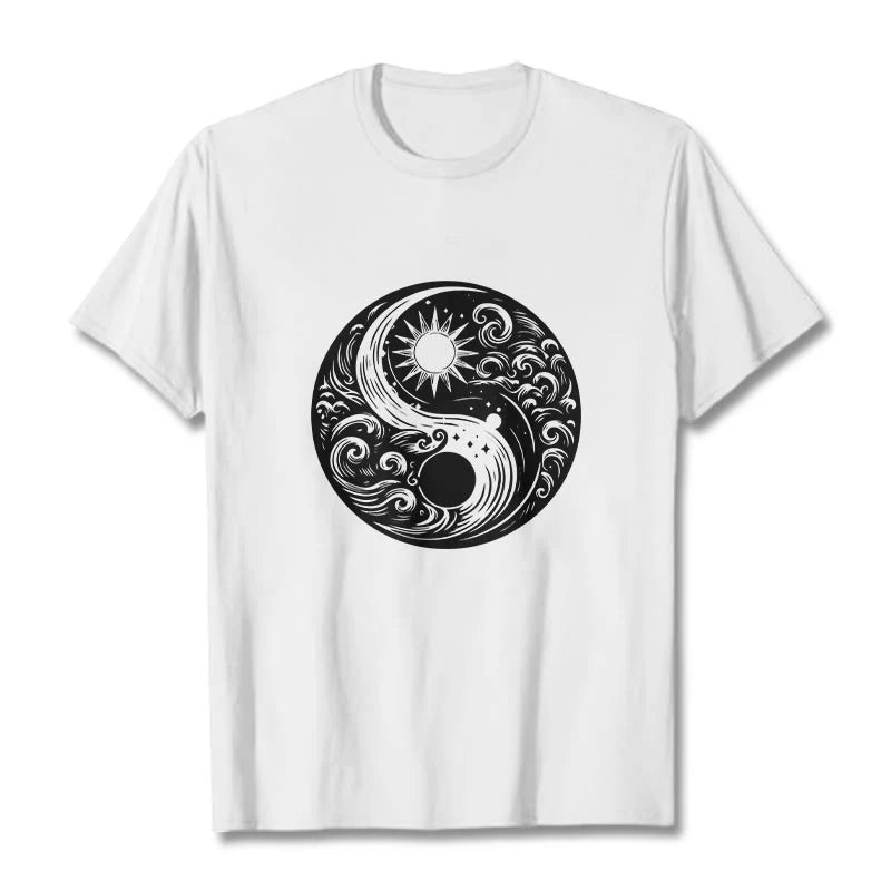 Buddha Stones Sun Moon Waves Yin Yang Pattern Cotton Tee T-shirt