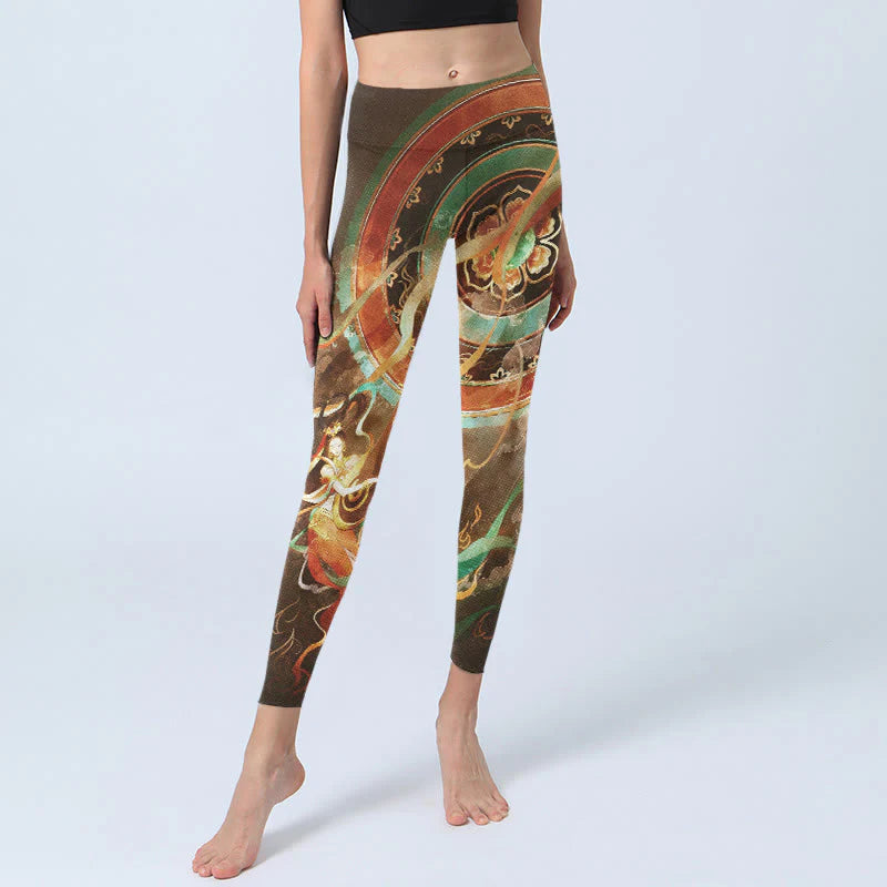 Buddha Stones Dunhuang Flying Apsaras Mandala Print Gym Leggings Women's Yoga Pants