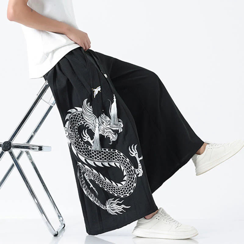 Buddha Stones Summer Dragon Drawstring Design Cotton Ankle-Length Men's Wide Leg Pants With Pockets