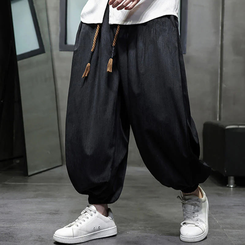 Buddha Stones Casual Daily Pure Color Drawstring Design Men's Harem Pants With Pockets