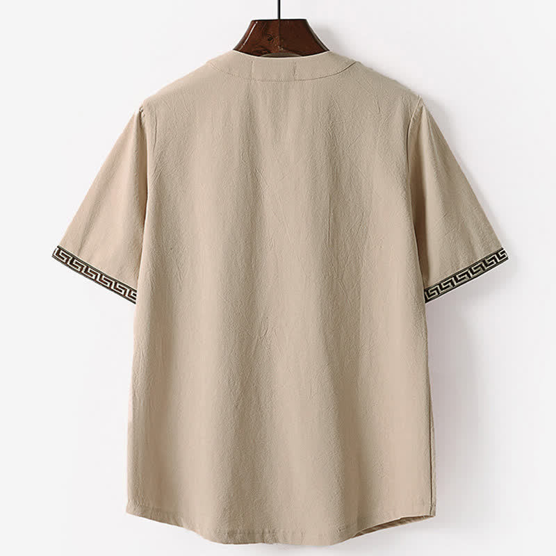 Buddha Stones Summer Embroidered Short Sleeve Notched Collar Men's Cotton Linen T-Shirt