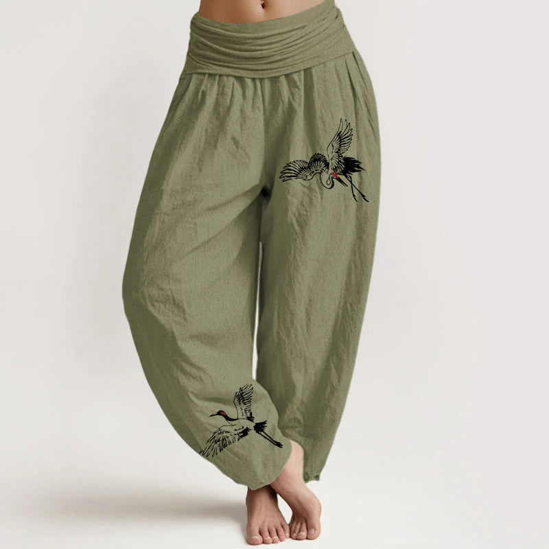 Buddha Stones Flying Red-crowned Cranes Pattern Women's Elastic Waist Harem Cotton Pants