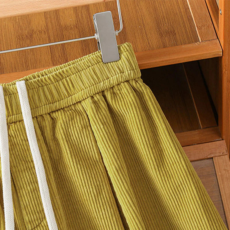 Buddha Stones Plain Elastic Waist Women's Cropped 7-8 Length Wide Leg Corduroy Pants