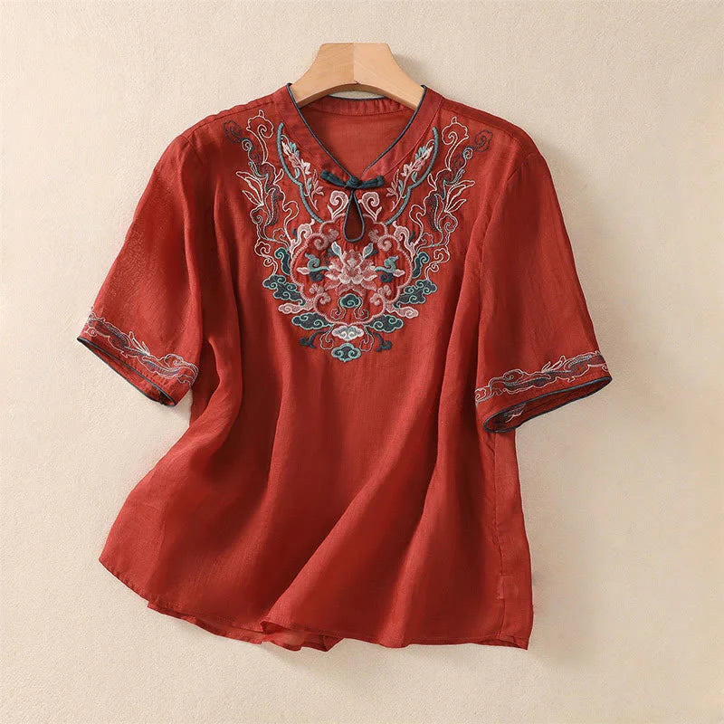 Buddha Stones Casual Retro Embroidery Frog-Button Design Women's Cotton Linen Half Sleeve Shirt