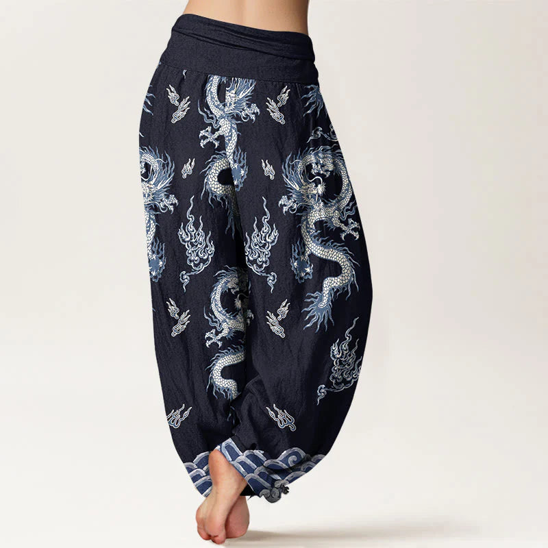 Buddha Stones Pure Cotton Dragon And Cloud Pattern Women's Elastic Waist Harem Pants