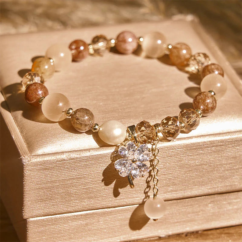 Buddha Stones Four Leaf Clover Amethyst Citrine Green Strawberry Quartz Rutilated Quartz Balance Bracelet