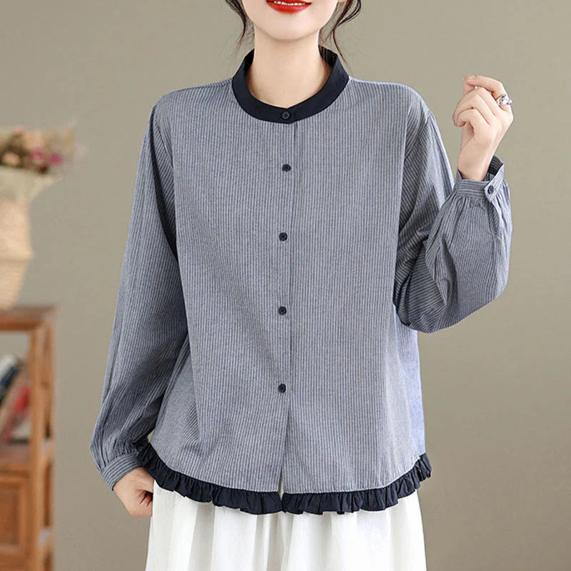 Buddha Stones Fall Plaid Striped Pattern Ruffled Hem Buttons Women's Cotton Long Sleeve Shirt