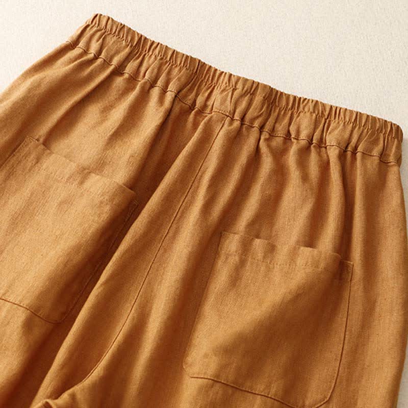 Buddha Stones Summer Plain Elastic Waist Two-tone Cuffs Cropped Women's Tapered Pants With Pockets