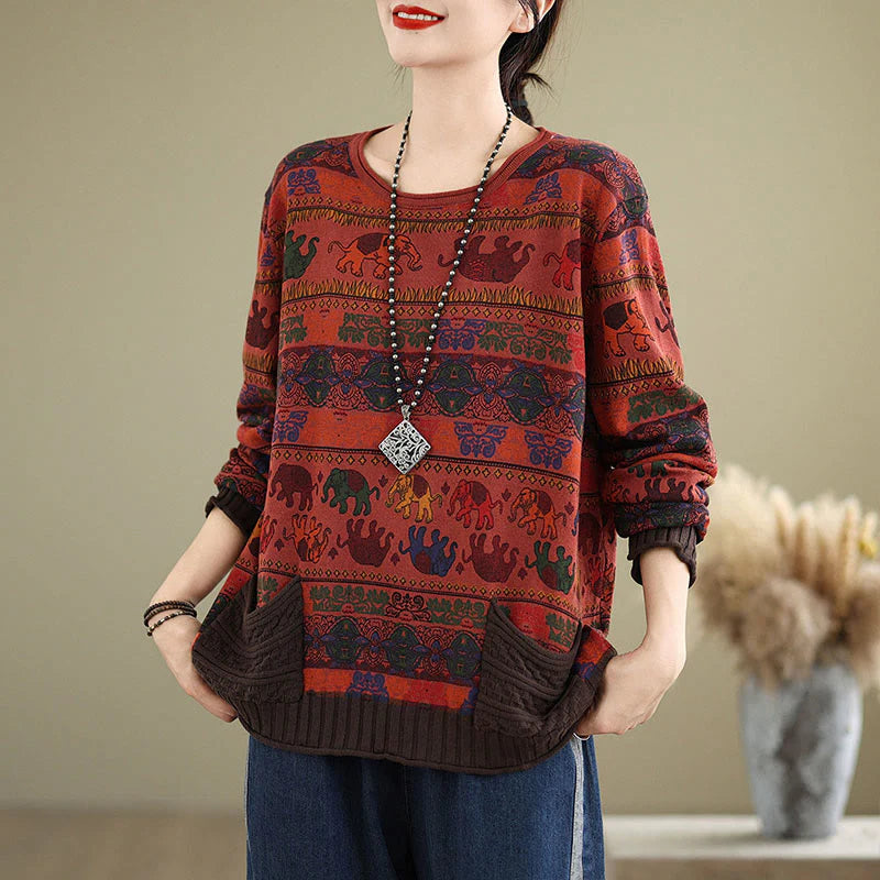 Buddha Stones Fall Elephant Pattern Knitted Cotton Women's Long Sleeve Sweater With Pockets