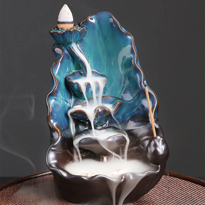 Buddha Stones Blue Lotus Leaf Ceramic Backflow Smoke Fountain Spiritual Incense Burner Decoration
