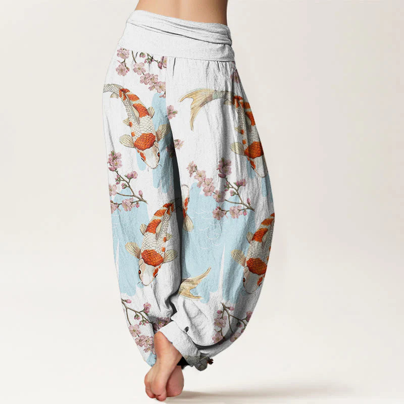 Buddha Stones Cotton Casual Koi Fish Cherry Blossom Pattern Women's Elastic Waist Harem Pants