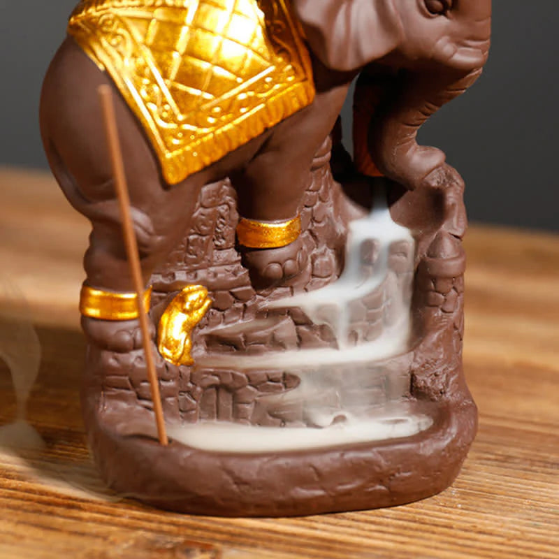 Buddha Stones Tibetan Elephant Purple Clay Backflow Smoke Fountain Peace Healing Incense Burner Decoration