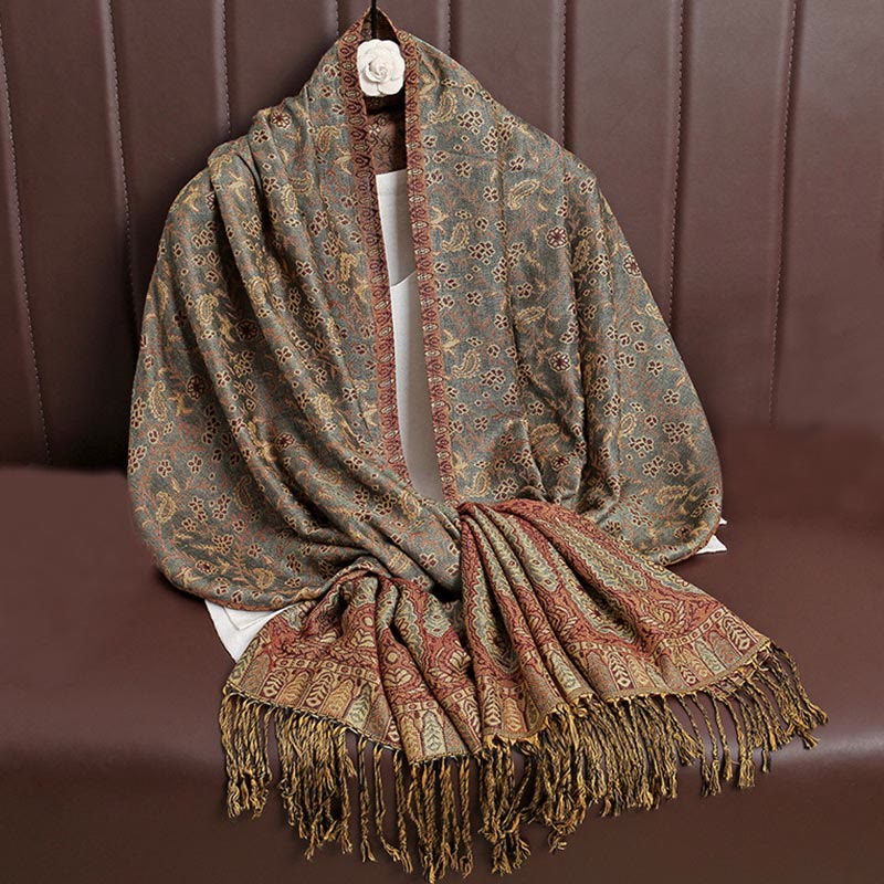 Buddha Stones Tibetan Jacquard Paisley Flower Pattern Color Contrast Design Tassel Cozy Scarf Shawl
