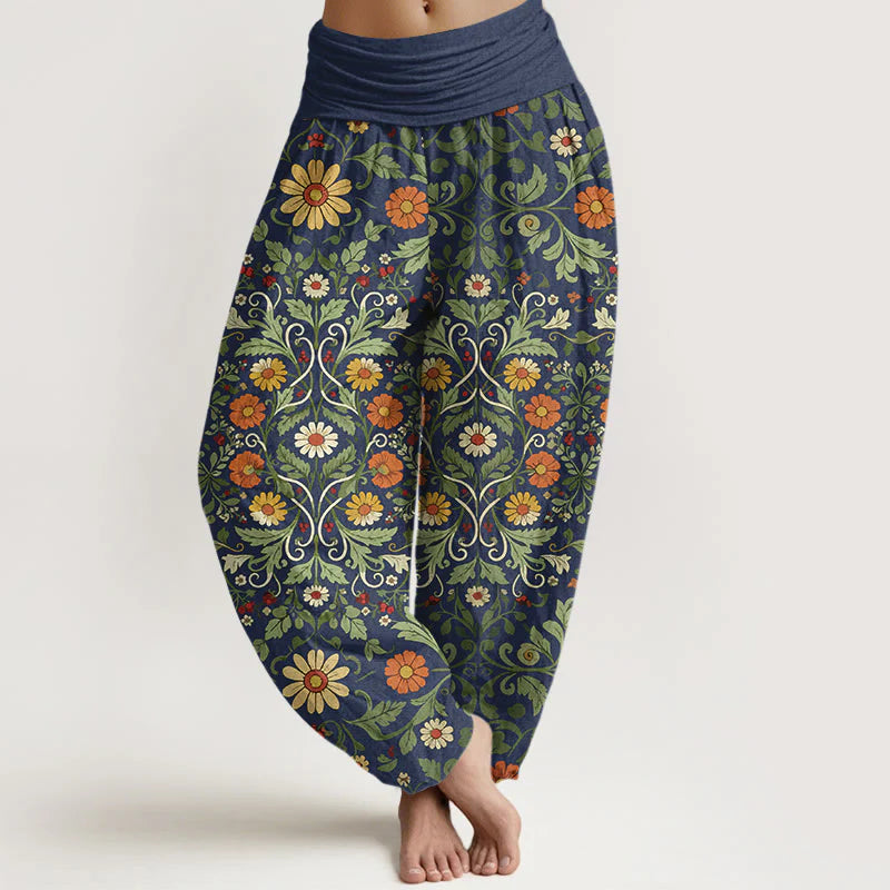 Buddha Stones Pure Cotton Colorful Flowers Vines Women's Elastic Waist Harem Pants