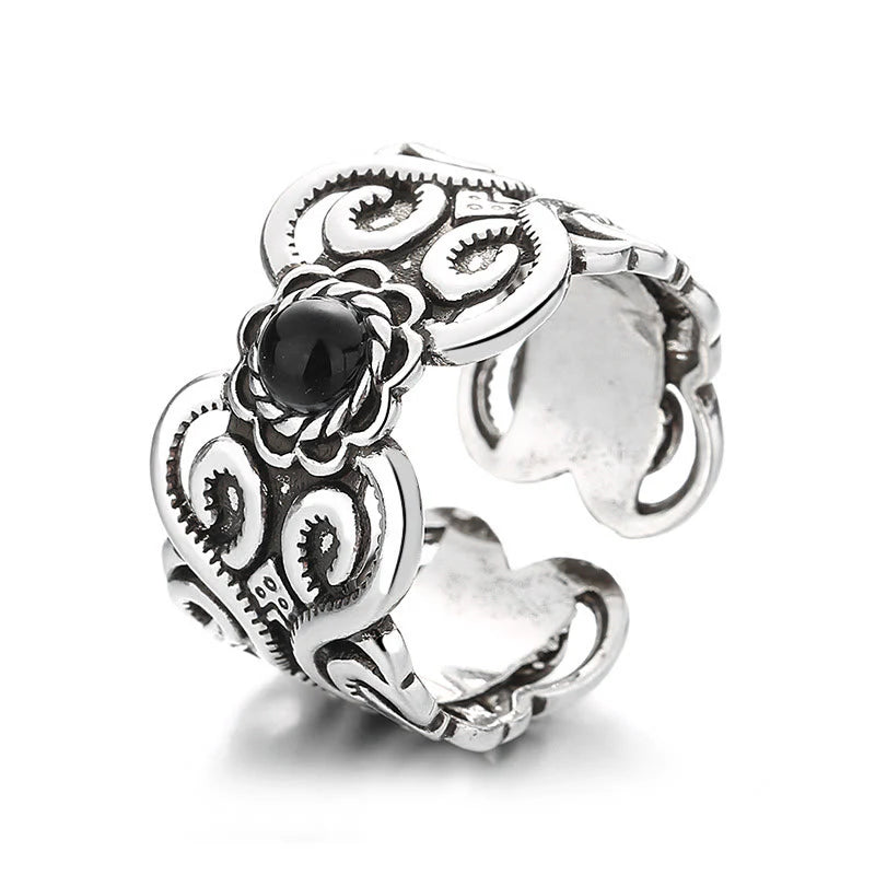 Buddha Stones Black Onyx Copper Mongolian Pattern Adjustable Fortune Ring