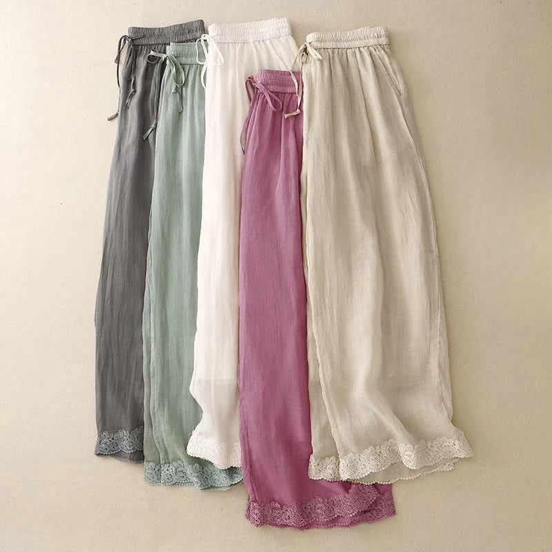 Buddha Stones Causal Vintage Plain Drawstring Lace Patchwork Design Women's Wide Leg Cotton Elastic Waistband Pants With Pockets
