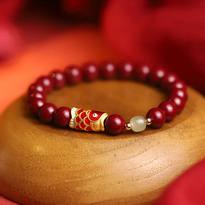 Buddha Stones Natural Cinnabar Lucky Koi Fish Hetian Jade Bead Blessing Bracelet