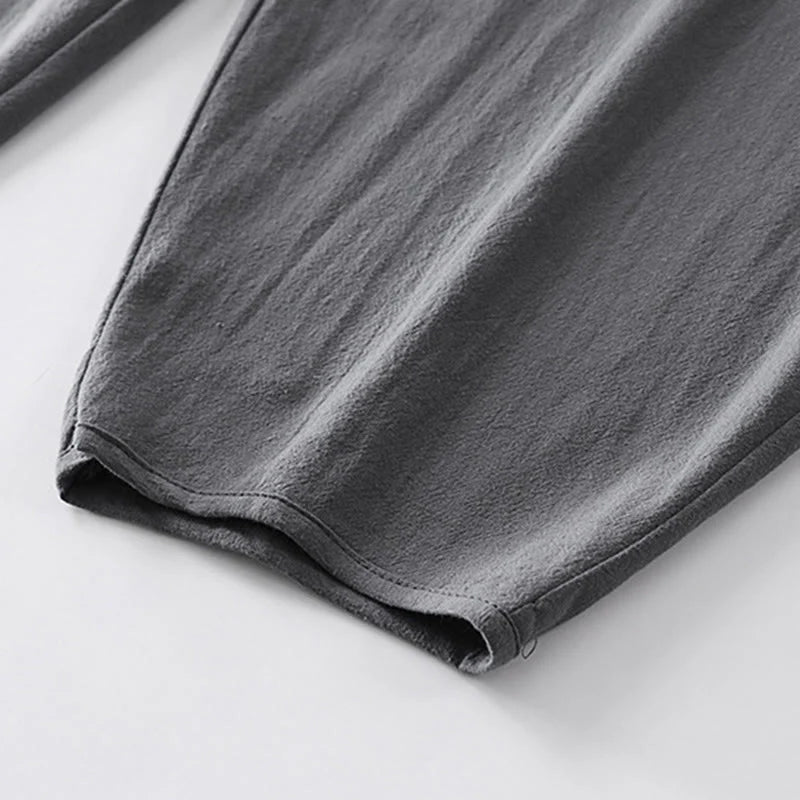 Buddha Stones Summer Plain Straight Leg Men's Cotton Linen Ankle-Length Pants With Pockets
