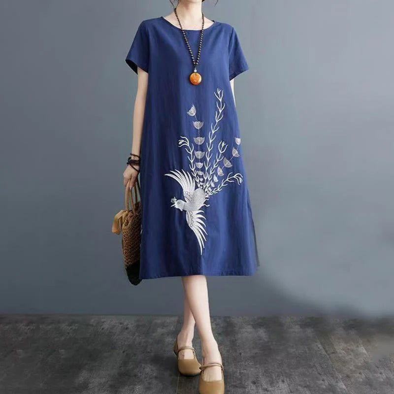 Buddha Stones Summer Printing Phoenix Pattern Short Sleeve Cotton Linen Midi Dress