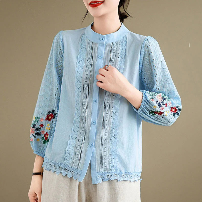 Buddha Stones Fall Lace Embroidery Flower Leaf Pattern Stand Collar Buttons Women's Long Sleeve Shirt