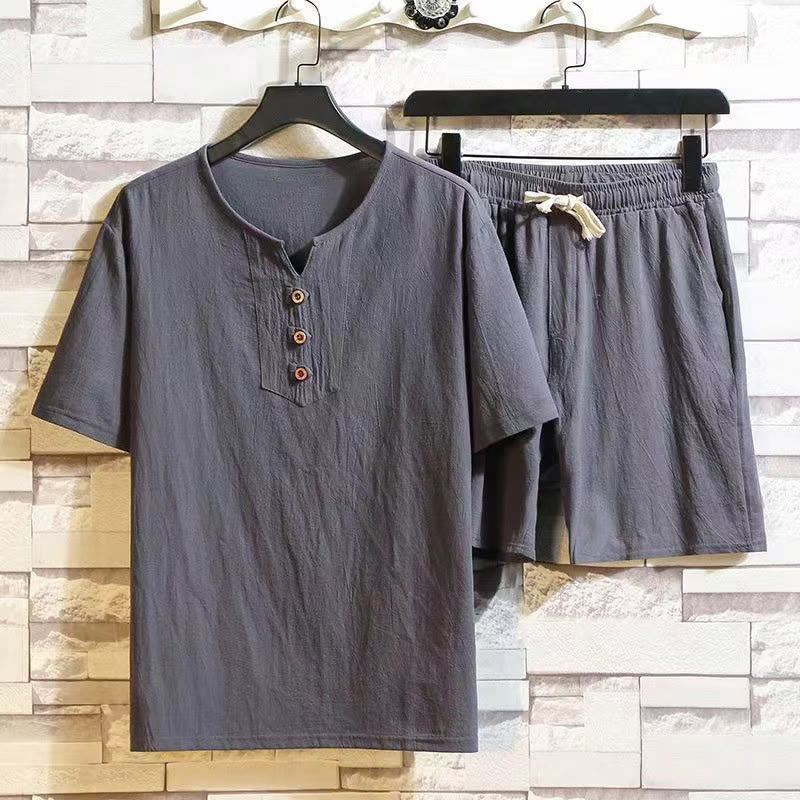 Buddha Stones 2Pcs Short Sleeve T-Shirt Drawstring Short Pants With Pockets Men's Cotton Linen Meditation Cloth Set