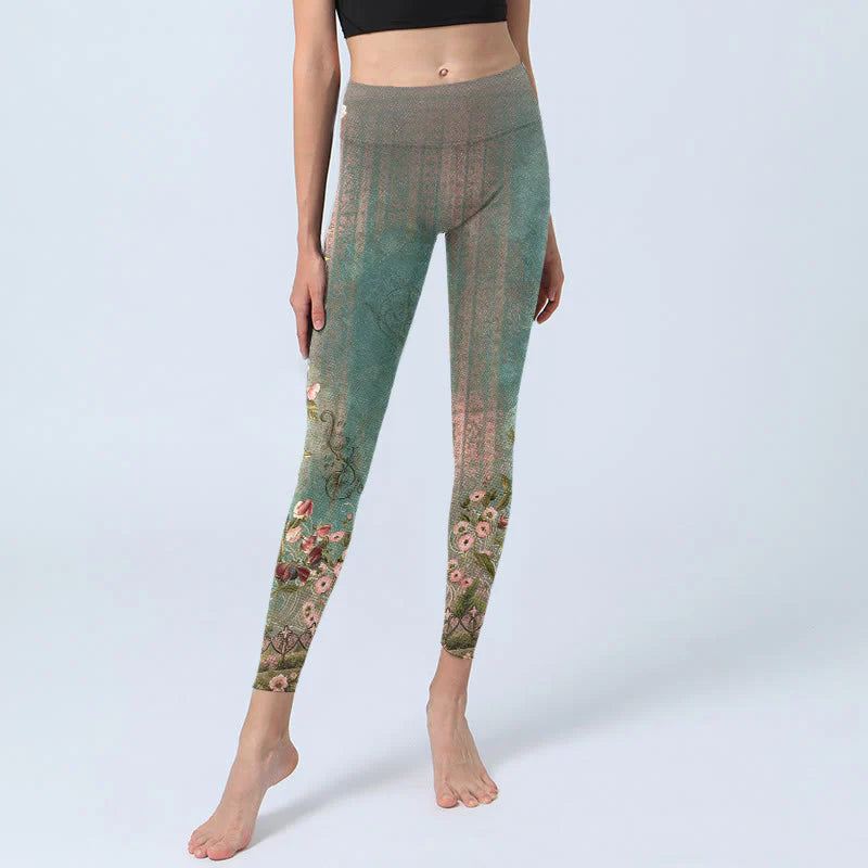 Buddha Stones Symmetrical Retro Flower Leaf Vine Fence Pattern Print Gym Leggings Women's Yoga Pants