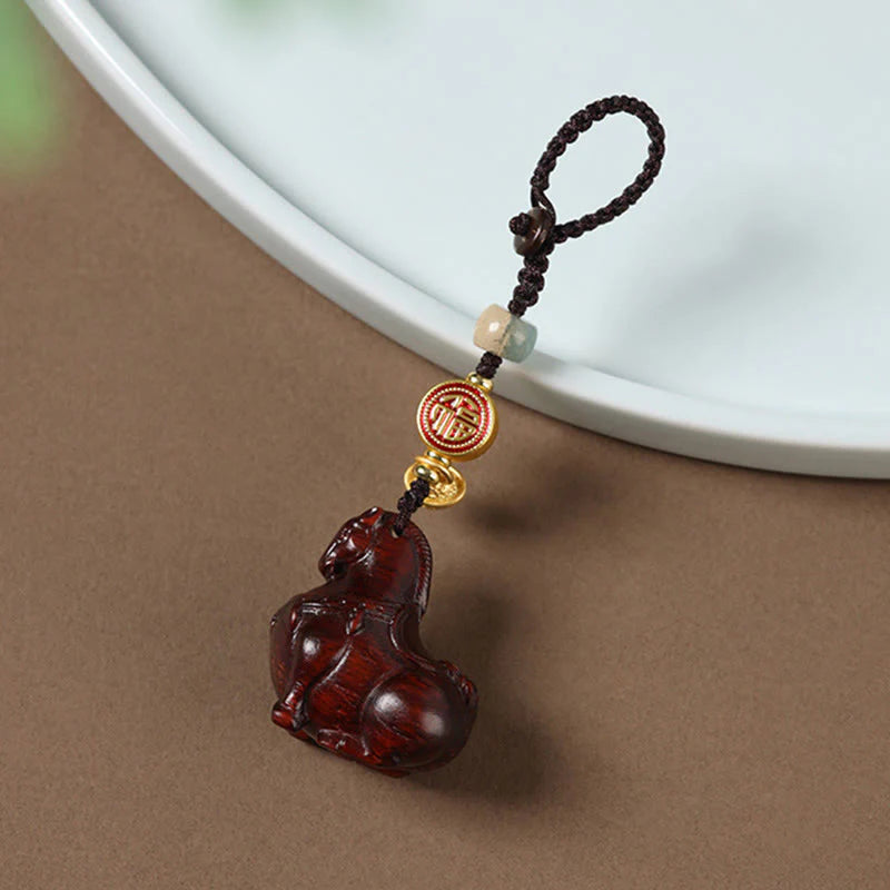 Buddha Stones Year Of The Horse Fu Character Small Leaf Red Sandalwood Various Sandalwood Balance Key Chain