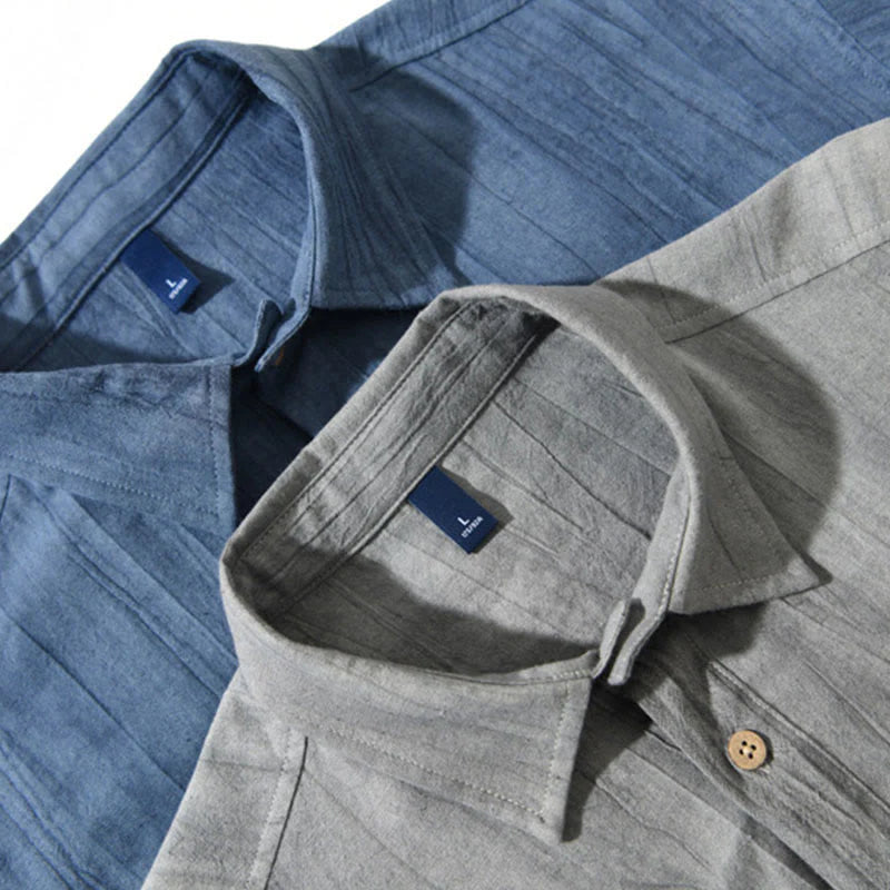 Buddha Stones Summer Solid Pleated Design Men's Half Button Short Sleeve Cotton Ramie Shirt