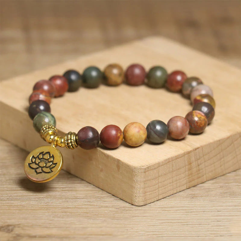 Buddha Stones Natural Colorful Emperor Stone Lotus Pattern Anti-stress Bracelet