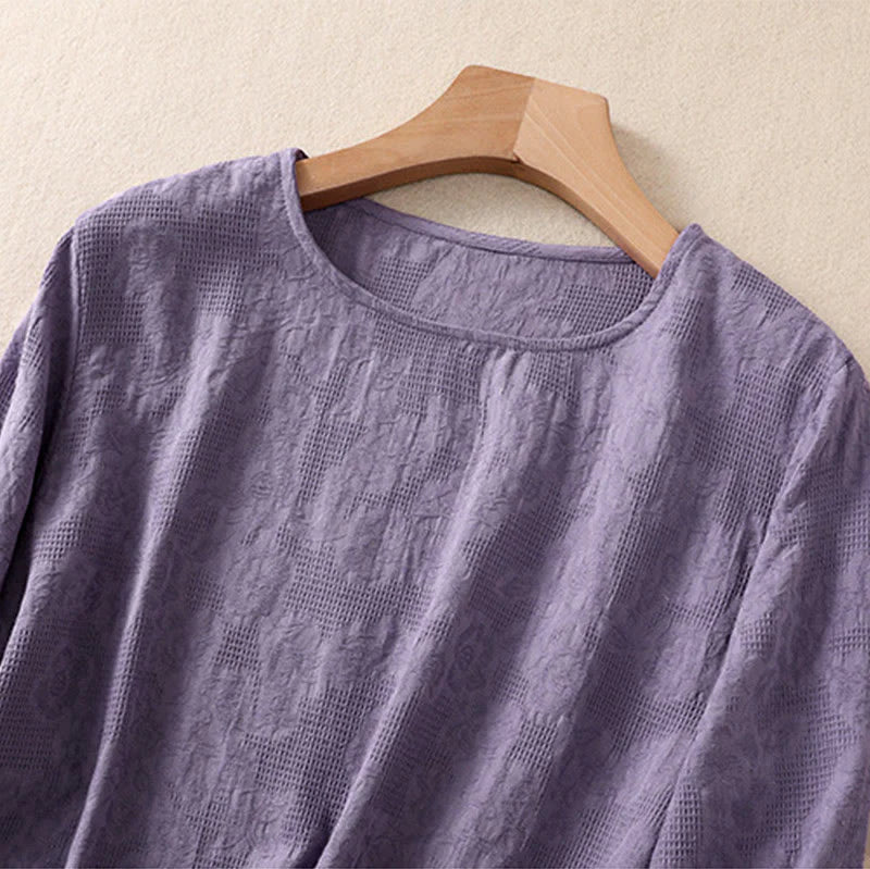 Buddha Stones Jacquard Irregular Hem Pleated Design Women's Cotton Long Sleeve Shirt