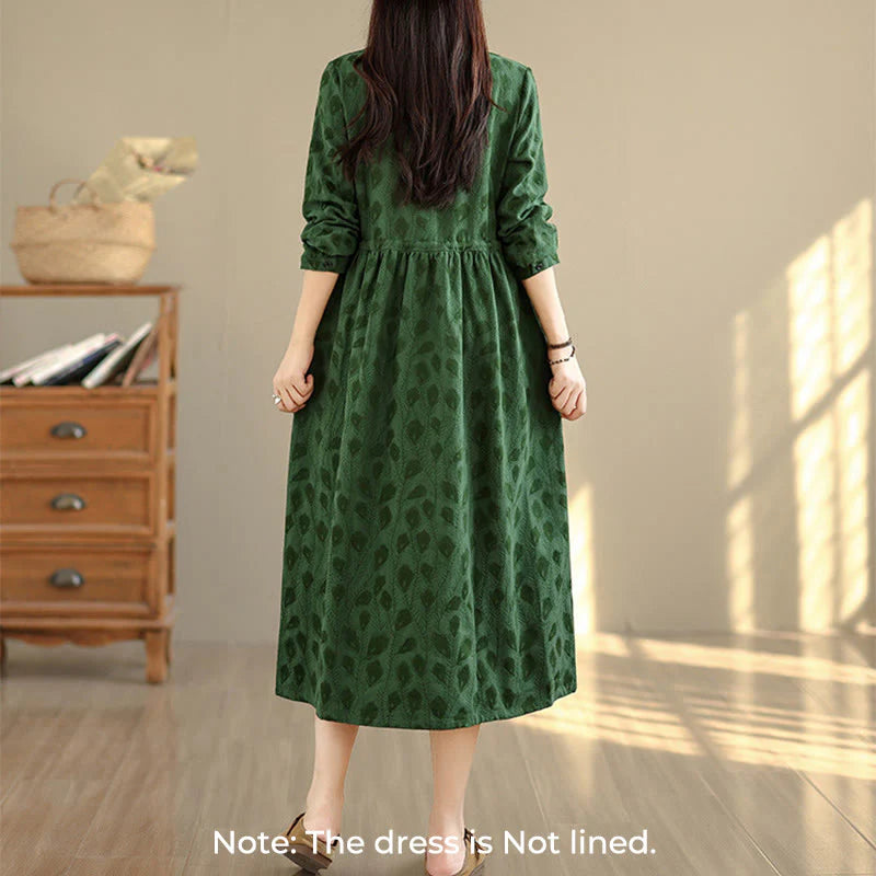 Buddha Stones Leaf Pattern Stand Collar Long Sleeve Cotton Midi Dress With Pockets