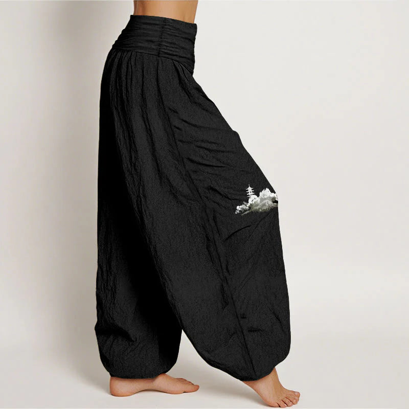 Buddha Stones Plum Blossoms Mountain Fisherman Pattern Pure Cotton Women's Elastic Waist Harem Pants
