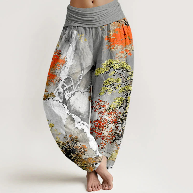 Buddha Stones Pure Cotton Color Coordinated Landscape Tree Pattern Women's Elastic Waist Harem Pants