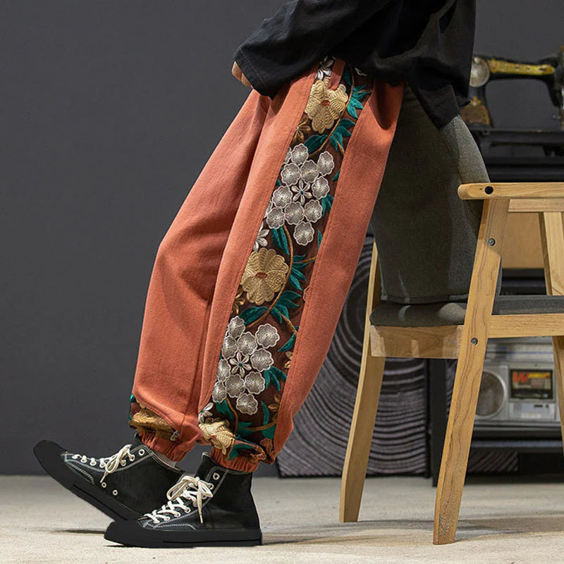 Buddha Stones Spring Men's Embroidered Flower Pattern Patchwork Cotton Pants With Pockets