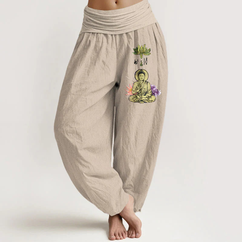 Buddha Stones Pure Cotton Traditional Lotus Buddha Pattern Women's Elastic Waist Harem Pants