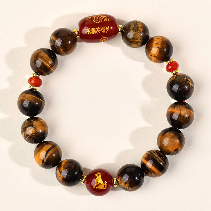 Buddha Stones 12 Chinese Zodiac Natural Tiger Eye Red Agate Protection Bracelet