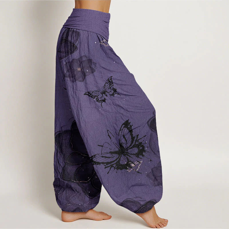 Buddha Stones Cotton Butterfly Flowers Pattern Women's Elastic Waist Harem Pants